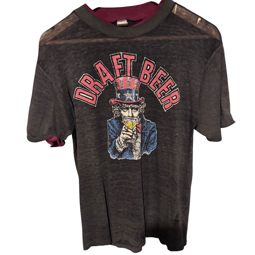 Vintage 80s Draft Beer Uncle Sam T Shirt DG Sportswear USA Thrashed Distressed